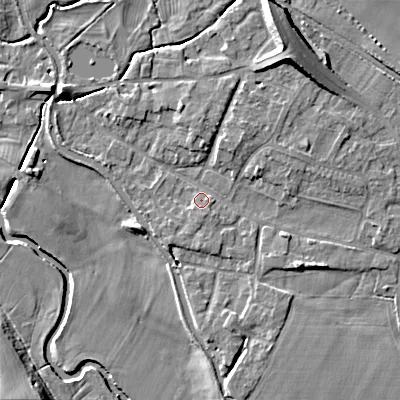 Shaded relief map of the ground around ST180JA, computed from Environment Agency LiDAR. The ground here sits at about 79 m above sea level and falls 13 m across the surrounding 800 m. Surface water reaching this point runs off ground lying to the east-south-east, 2.9 m higher.