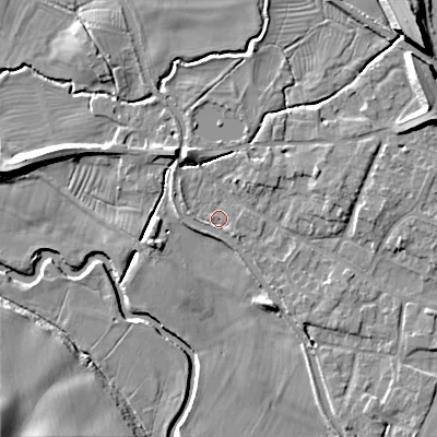 Shaded relief map of the ground around ST180JD, computed from Environment Agency LiDAR. The ground here sits at about 78 m above sea level and falls 12 m across the surrounding 800 m. Surface water reaching this point runs off ground lying to the east-north-east, 6.5 m higher.