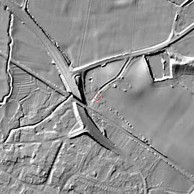 Shaded relief map of the ground around ST180JS, computed from Environment Agency LiDAR. The ground here sits at about 80 m above sea level and falls 10 m across the surrounding 800 m. Surface water reaching this point runs off ground lying to the west, 8.1 m higher.