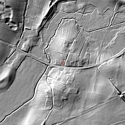 Shaded relief map of the ground around ST180LA, computed from Environment Agency LiDAR. The ground here sits at about 85 m above sea level and falls 16 m across the surrounding 800 m. Surface water reaching this point runs off ground lying to the east-south-east, 9.4 m higher.