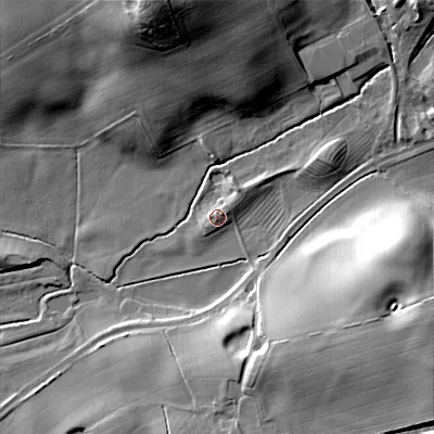 Shaded relief map of the ground around ST180LH, computed from Environment Agency LiDAR. The ground here sits at about 90 m above sea level and falls 31 m across the surrounding 800 m. Surface water reaching this point runs off ground lying to the west, 2.3 m higher.