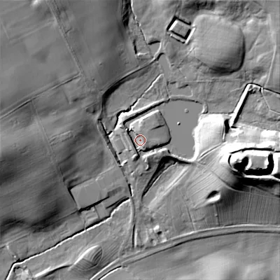 Shaded relief map of the ground around ST180LN, computed from Environment Agency LiDAR. The ground here sits at about 99 m above sea level and falls 40 m across the surrounding 800 m. Surface water reaching this point runs off ground lying to the east, 29.3 m higher.