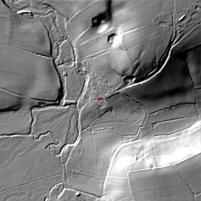 Shaded relief map of the ground around ST180LT, computed from Environment Agency LiDAR. The ground here sits at about 107 m above sea level and falls 45 m across the surrounding 800 m. Surface water reaching this point runs off ground lying to the north-east, 39.1 m higher.