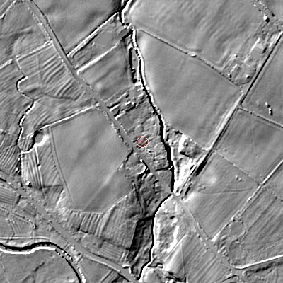 Shaded relief map of the ground around ST180PN, computed from Environment Agency LiDAR. The ground here sits at about 78 m above sea level and falls 7 m across the surrounding 800 m. Surface water reaching this point runs off ground lying to the north-west, 1.8 m higher.