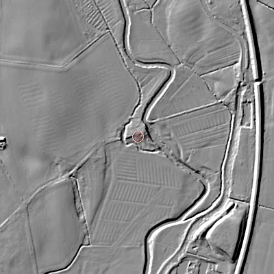 Shaded relief map of the ground around ST180RG, computed from Environment Agency LiDAR. The ground here sits at about 74 m above sea level and falls 9 m across the surrounding 800 m. Surface water reaching this point runs off ground lying to the north-west, 4.7 m higher.