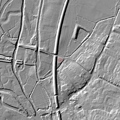 Shaded relief map of the ground around ST180RJ, computed from Environment Agency LiDAR. The ground here sits at about 74 m above sea level and falls 17 m across the surrounding 800 m. Surface water reaching this point runs off ground lying to the east, 7.4 m higher.