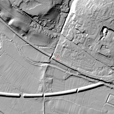 Shaded relief map of the ground around ST180TT, computed from Environment Agency LiDAR. The ground here sits at about 76 m above sea level and falls 34 m across the surrounding 800 m. Surface water reaching this point runs off ground lying to the north-east, 24.7 m higher.