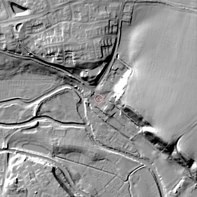 Shaded relief map of the ground around ST180ZJ, computed from Environment Agency LiDAR. The ground here sits at about 76 m above sea level and falls 25 m across the surrounding 800 m. Surface water reaching this point runs off ground lying to the east-north-east, 17.9 m higher.