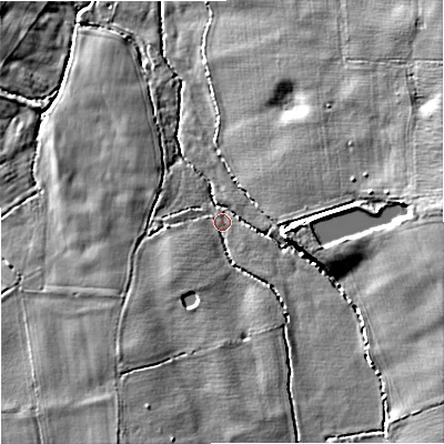 Shaded relief map of the ground around ST189EJ, computed from Environment Agency LiDAR. The ground here sits at about 93 m above sea level and falls 11 m across the surrounding 800 m. Surface water reaching this point runs off ground lying to the east-south-east, 8.6 m higher.