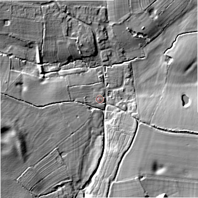 Shaded relief map of the ground around ST189JU, computed from Environment Agency LiDAR. The ground here sits at about 96 m above sea level and falls 21 m across the surrounding 800 m. Surface water reaching this point runs off ground lying to the west-south-west, 2.6 m higher.