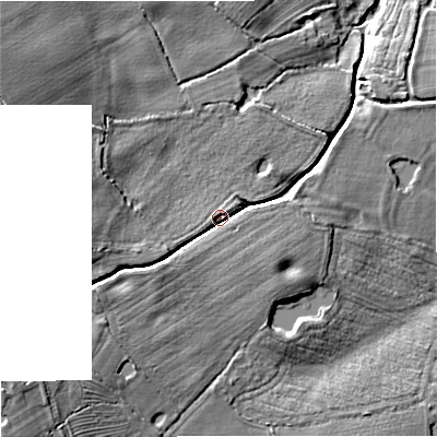 Shaded relief map of the ground around ST189JY, computed from Environment Agency LiDAR. The ground here sits at about 108 m above sea level and falls 23 m across the surrounding 800 m. Surface water reaching this point runs off ground lying to the west-south-west, 6.1 m higher.