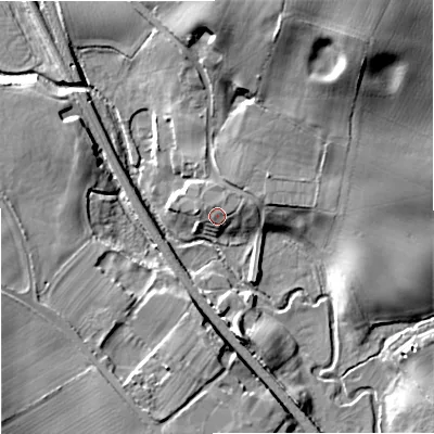 Shaded relief map of the ground around ST189QA, computed from Environment Agency LiDAR. The ground here sits at about 83 m above sea level and falls 20 m across the surrounding 800 m. Surface water reaching this point runs off ground lying to the north-east, 4.2 m higher.