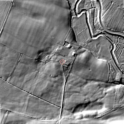 Shaded relief map of the ground around ST189TA, computed from Environment Agency LiDAR. The ground here sits at about 83 m above sea level and falls 11 m across the surrounding 800 m. Surface water reaching this point runs off ground lying to the east, 0.9 m higher.