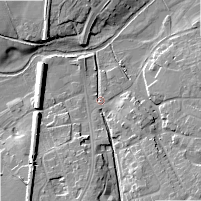Shaded relief map of the ground around ST195AA, computed from Environment Agency LiDAR. The ground here sits at about 79 m above sea level and falls 12 m across the surrounding 800 m. Surface water reaching this point runs off ground lying to the south, 9.9 m higher.