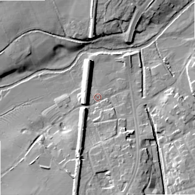 Shaded relief map of the ground around ST195AP, computed from Environment Agency LiDAR. The ground here sits at about 80 m above sea level and falls 12 m across the surrounding 800 m. Surface water reaching this point runs off ground lying to the south-south-west, 9.7 m higher.
