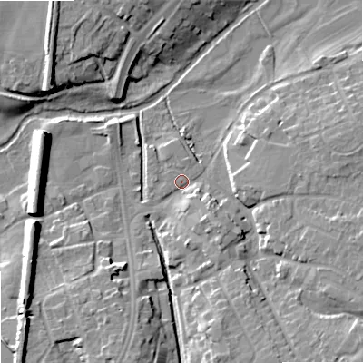 Shaded relief map of the ground around ST195AY, computed from Environment Agency LiDAR. The ground here sits at about 80 m above sea level and falls 12 m across the surrounding 800 m. Surface water reaching this point runs off ground lying to the south-east, 8.0 m higher.