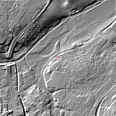 Shaded relief map of the ground around ST195BA, computed from Environment Agency LiDAR. The ground here sits at about 80 m above sea level and falls 16 m across the surrounding 800 m. Surface water reaching this point runs off ground lying to the south-south-east, 7.4 m higher.