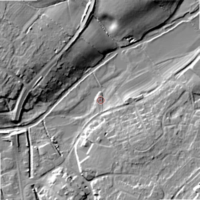 Shaded relief map of the ground around ST195BD, computed from Environment Agency LiDAR. The ground here sits at about 78 m above sea level and falls 14 m across the surrounding 800 m. Surface water reaching this point runs off ground lying to the east-south-east, 2.8 m higher.