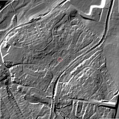Shaded relief map of the ground around ST195BY, computed from Environment Agency LiDAR. The ground here sits at about 84 m above sea level and falls 21 m across the surrounding 800 m. Surface water reaching this point runs off ground lying to the south-east, 9.9 m higher.