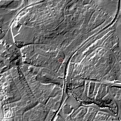 Shaded relief map of the ground around ST195BZ, computed from Environment Agency LiDAR. The ground here sits at about 86 m above sea level and falls 19 m across the surrounding 800 m. Surface water reaching this point runs off ground lying to the south, 2.9 m higher.