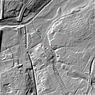 Shaded relief map of the ground around ST195DL, computed from Environment Agency LiDAR. The ground here sits at about 80 m above sea level and falls 12 m across the surrounding 800 m. Surface water reaching this point runs off ground lying to the east-south-east, 8.8 m higher.