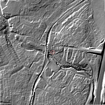Shaded relief map of the ground around ST195DS, computed from Environment Agency LiDAR. The ground here sits at about 87 m above sea level and falls 18 m across the surrounding 800 m. Surface water reaching this point runs off ground lying to the east, 12.8 m higher.