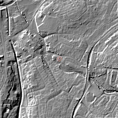 Shaded relief map of the ground around ST195DT, computed from Environment Agency LiDAR. The ground here sits at about 85 m above sea level and falls 17 m across the surrounding 800 m. Surface water reaching this point runs off ground lying to the east-south-east, 4.0 m higher.