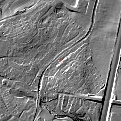 Shaded relief map of the ground around ST195DU, computed from Environment Agency LiDAR. The ground here sits at about 86 m above sea level and falls 21 m across the surrounding 800 m. Surface water reaching this point runs off ground lying to the north-north-east, 0.7 m higher.