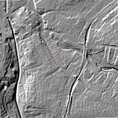 Shaded relief map of the ground around ST195HE, computed from Environment Agency LiDAR. The ground here sits at about 86 m above sea level and falls 17 m across the surrounding 800 m. Surface water reaching this point runs off ground lying to the south-east, 1.7 m higher.