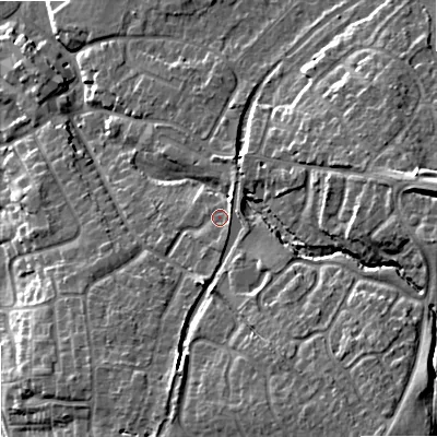 Shaded relief map of the ground around ST195JF, computed from Environment Agency LiDAR. The ground here sits at about 87 m above sea level and falls 17 m across the surrounding 800 m. Surface water reaching this point runs off ground lying to the east, 11.6 m higher.