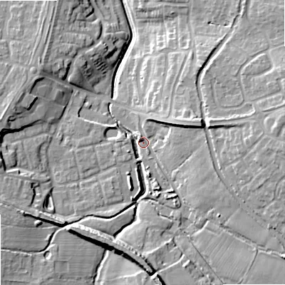 Shaded relief map of the ground around ST195NU, computed from Environment Agency LiDAR. The ground here sits at about 85 m above sea level and falls 16 m across the surrounding 800 m. Surface water reaching this point runs off ground lying to the south, 11.0 m higher.