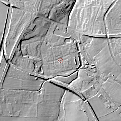 Shaded relief map of the ground around ST195PW, computed from Environment Agency LiDAR. The ground here sits at about 86 m above sea level and falls 15 m across the surrounding 800 m. Surface water reaching this point runs off ground lying to the south-south-west, 1.3 m higher.