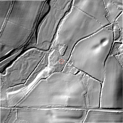 Shaded relief map of the ground around ST195QB, computed from Environment Agency LiDAR. The ground here sits at about 86 m above sea level and falls 17 m across the surrounding 800 m. Surface water reaching this point runs off ground lying to the south-east, 12.1 m higher.