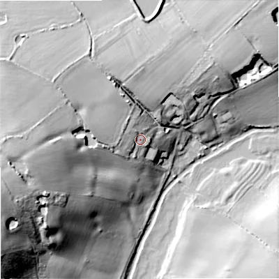 Shaded relief map of the ground around ST195QG, computed from Environment Agency LiDAR. The ground here sits at about 91 m above sea level and falls 35 m across the surrounding 800 m. Surface water reaching this point runs off ground lying to the west-north-west, 7.0 m higher.
