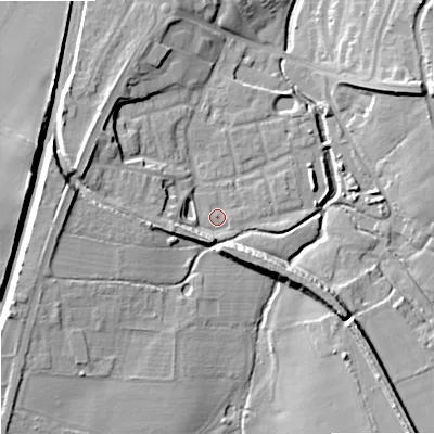Shaded relief map of the ground around ST195QX, computed from Environment Agency LiDAR. The ground here sits at about 86 m above sea level and falls 16 m across the surrounding 800 m. Surface water reaching this point runs off ground lying to the south-south-west, 5.3 m higher.