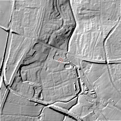 Shaded relief map of the ground around ST195QY, computed from Environment Agency LiDAR. The ground here sits at about 85 m above sea level and falls 16 m across the surrounding 800 m. Surface water reaching this point runs off ground lying to the south-south-west, 2.7 m higher.