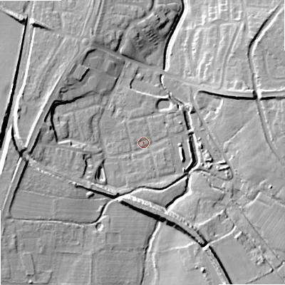 Shaded relief map of the ground around ST195QZ, computed from Environment Agency LiDAR. The ground here sits at about 86 m above sea level and falls 15 m across the surrounding 800 m. Surface water reaching this point runs off ground lying to the west, 9.9 m higher.
