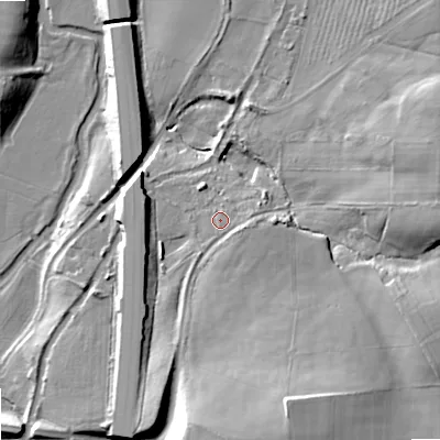 Shaded relief map of the ground around ST195RG, computed from Environment Agency LiDAR. The ground here sits at about 84 m above sea level and falls 21 m across the surrounding 800 m. Surface water reaching this point runs off ground lying to the east, 1.7 m higher.