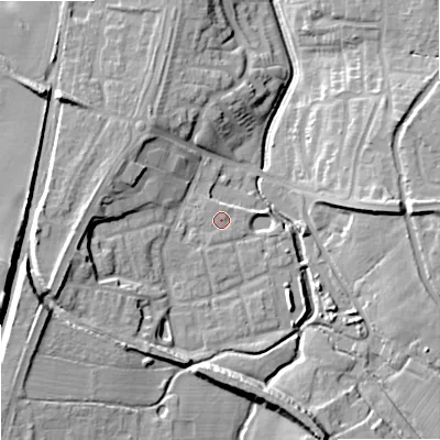 Shaded relief map of the ground around ST195SE, computed from Environment Agency LiDAR. The ground here sits at about 86 m above sea level and falls 17 m across the surrounding 800 m. Surface water reaching this point runs off ground lying to the south-south-west, 0.8 m higher.