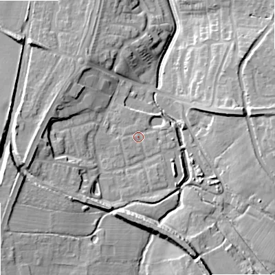 Shaded relief map of the ground around ST195SQ, computed from Environment Agency LiDAR. The ground here sits at about 86 m above sea level and falls 15 m across the surrounding 800 m. Surface water reaching this point runs off ground lying to the west-south-west, 0.9 m higher.