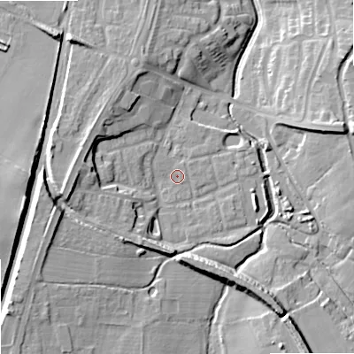 Shaded relief map of the ground around ST195TN, computed from Environment Agency LiDAR. The ground here sits at about 86 m above sea level and falls 16 m across the surrounding 800 m. Surface water reaching this point runs off ground lying to the west, 9.9 m higher.