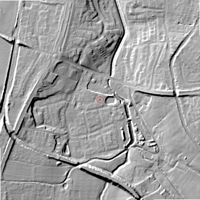 Shaded relief map of the ground around ST195TP, computed from Environment Agency LiDAR. The ground here sits at about 86 m above sea level and falls 15 m across the surrounding 800 m. Surface water reaching this point runs off ground lying to the south-west, 2.5 m higher.