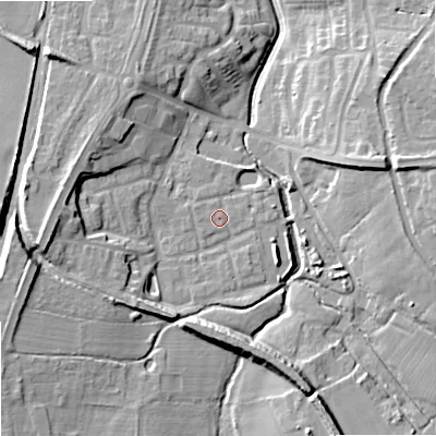Shaded relief map of the ground around ST195TR, computed from Environment Agency LiDAR. The ground here sits at about 86 m above sea level and falls 15 m across the surrounding 800 m. Surface water reaching this point runs off ground lying to the west, 9.9 m higher.