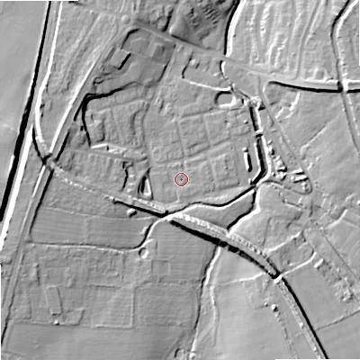 Shaded relief map of the ground around ST195TS, computed from Environment Agency LiDAR. The ground here sits at about 86 m above sea level and falls 16 m across the surrounding 800 m. Surface water reaching this point runs off ground lying to the south, 0.6 m higher.