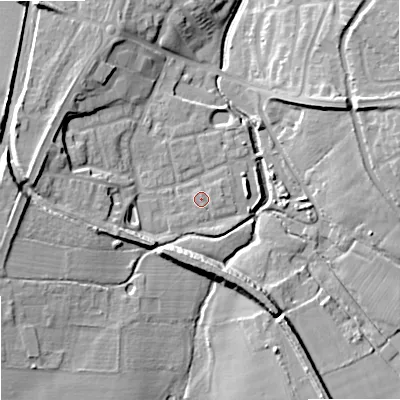 Shaded relief map of the ground around ST195TU, computed from Environment Agency LiDAR. The ground here sits at about 86 m above sea level and falls 15 m across the surrounding 800 m. Surface water reaching this point runs off ground lying to the north-east, 1.0 m higher.