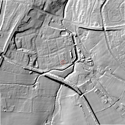 Shaded relief map of the ground around ST195TW, computed from Environment Agency LiDAR. The ground here sits at about 86 m above sea level and falls 15 m across the surrounding 800 m. Surface water reaching this point runs off ground lying to the south-south-east, 1.7 m higher.