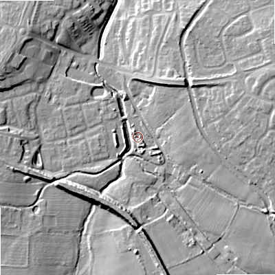 Shaded relief map of the ground around ST195TZ, computed from Environment Agency LiDAR. The ground here sits at about 86 m above sea level and falls 15 m across the surrounding 800 m. Surface water reaching this point runs off ground lying to the east, 12.8 m higher.