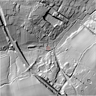 Shaded relief map of the ground around ST199BP, computed from Environment Agency LiDAR. The ground here sits at about 97 m above sea level and falls 25 m across the surrounding 800 m. Surface water reaching this point runs off ground lying to the south-south-west, 20.0 m higher.