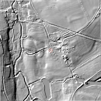 Shaded relief map of the ground around ST199DQ, computed from Environment Agency LiDAR. The ground here sits at about 91 m above sea level and falls 13 m across the surrounding 800 m. Surface water reaching this point runs off ground lying to the east-north-east, 6.6 m higher.