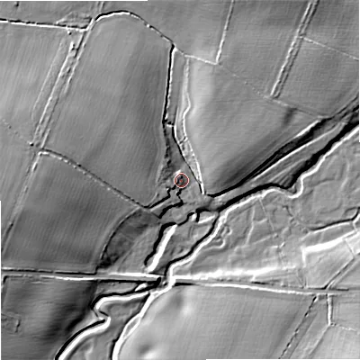 Shaded relief map of the ground around ST199LH, computed from Environment Agency LiDAR. The ground here sits at about 87 m above sea level and falls 14 m across the surrounding 800 m. Surface water reaching this point runs off ground lying to the west, 5.3 m higher.